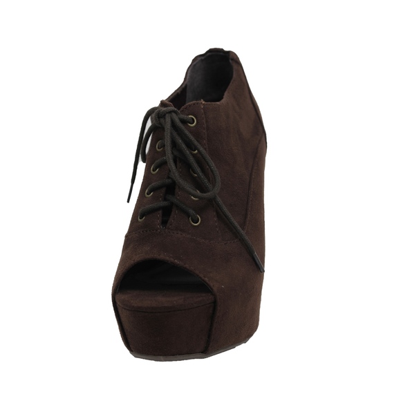 Brown Faux Suede Peep Toe Lace Up Platform Wedge - Picture 4 of 4